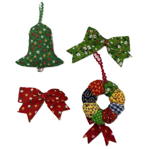 Lot of 4 Vintage Quilted Fabric Patchwork Christmas Tree Ornaments Handmade - Picture 10 of 12
